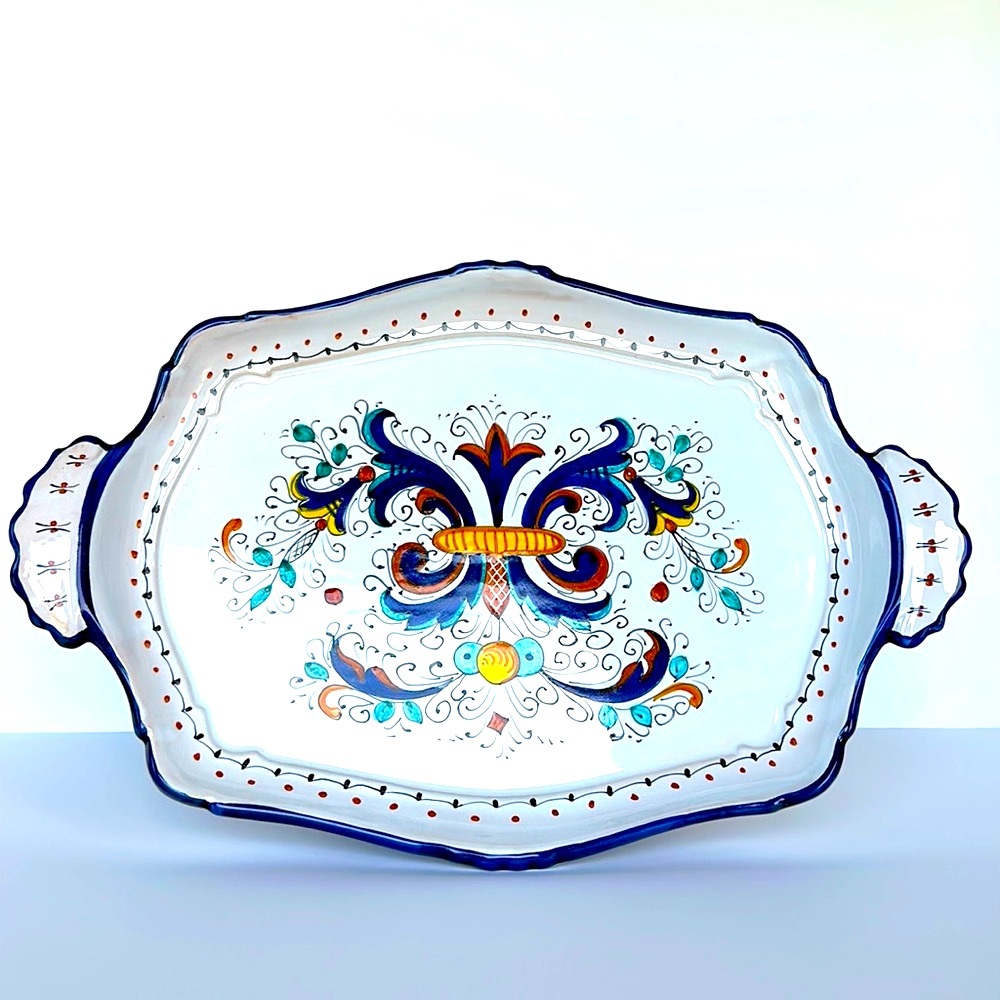 Deruta Italian Ceramic Rectangular Ricco Wavy Edge Serving Tray with Handles